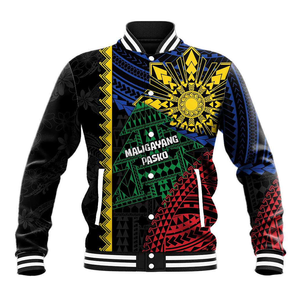 Personalised Philippines Christmas Baseball Jacket Xmas Tree Filipino Tribal Patterns DT05 Unisex Black - Polynesian Pride