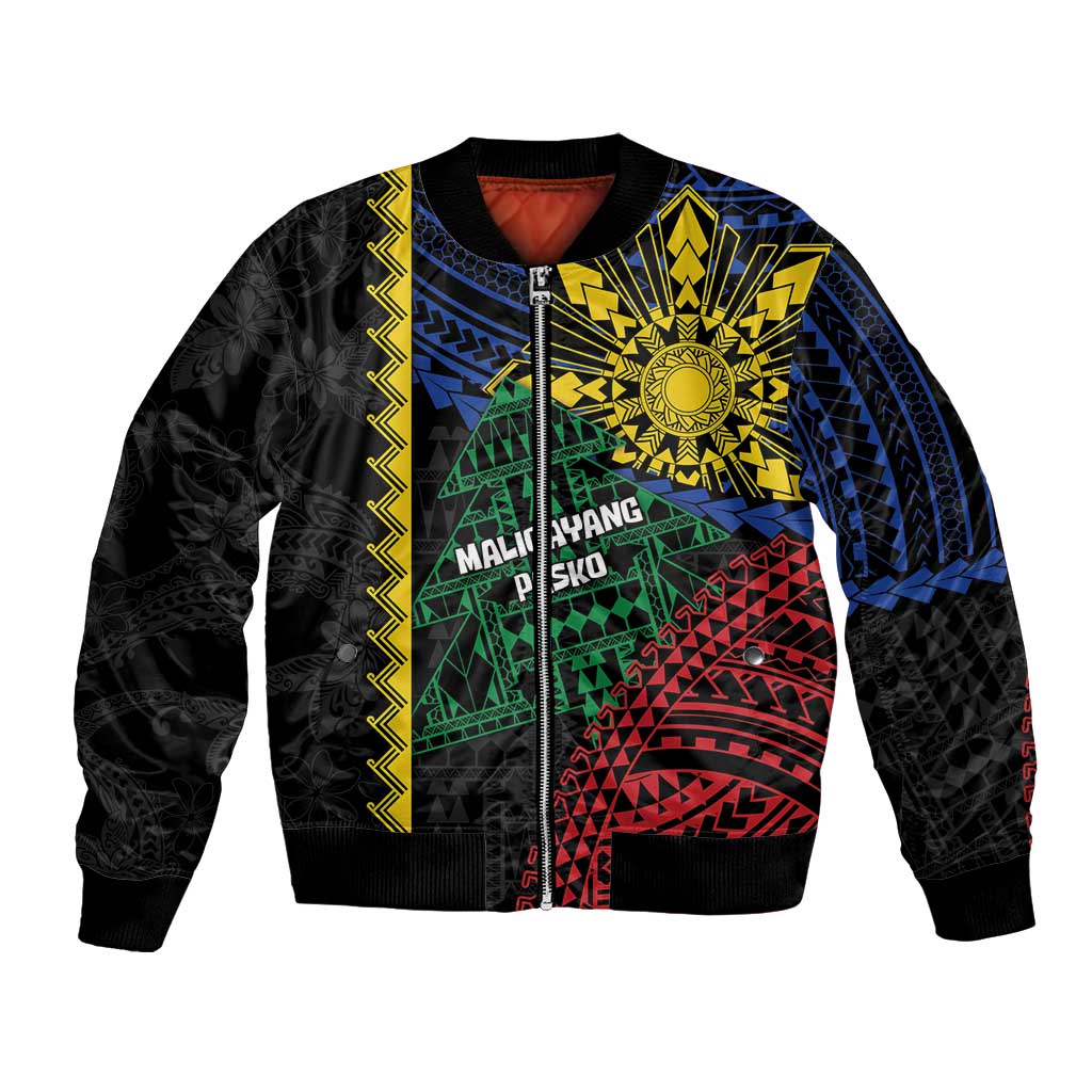 Personalised Philippines Christmas Bomber Jacket Xmas Tree Filipino Tribal Patterns DT05 Unisex Black - Polynesian Pride