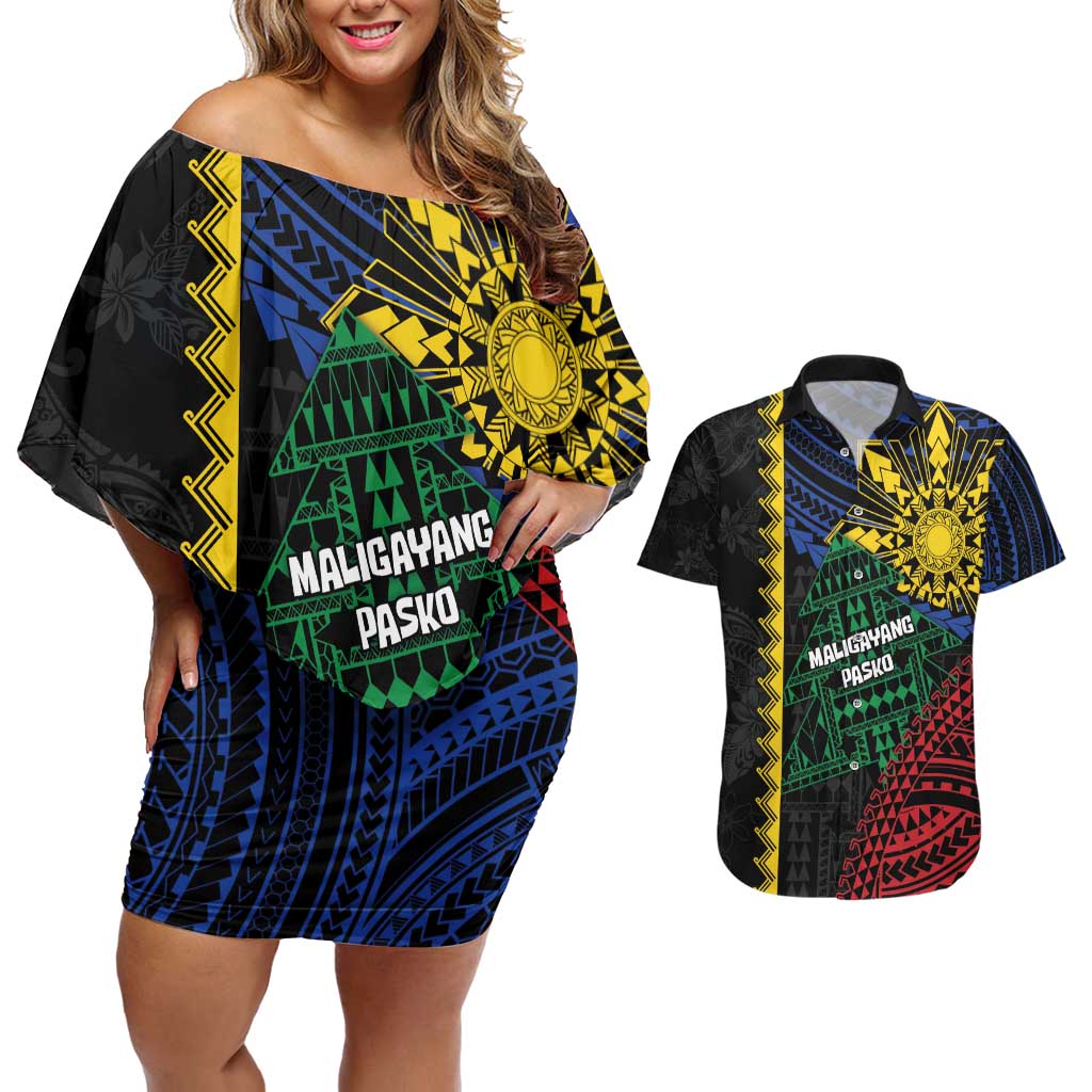 Personalised Philippines Christmas Couples Matching Off Shoulder Short Dress and Hawaiian Shirt Xmas Tree Filipino Tribal Patterns - Polynesian Pride