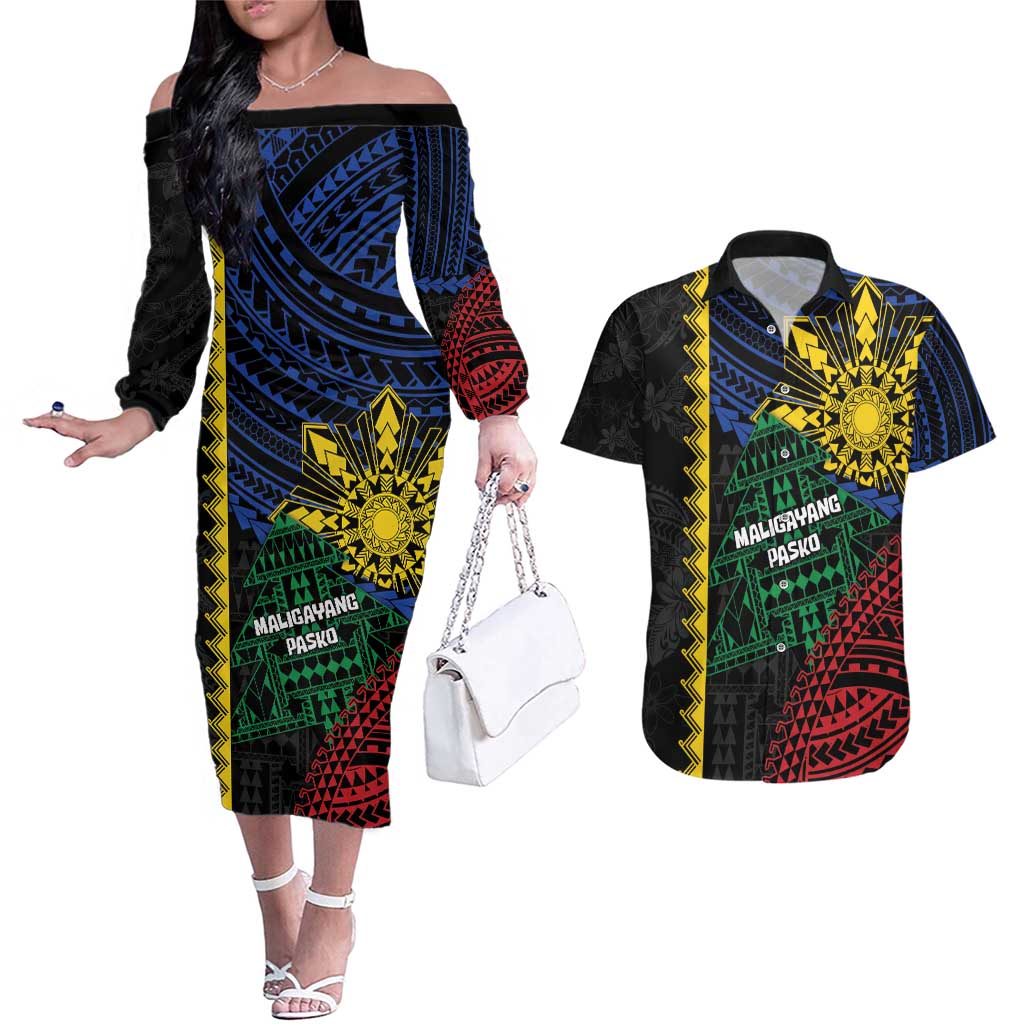 Personalised Philippines Christmas Couples Matching Off The Shoulder Long Sleeve Dress and Hawaiian Shirt Xmas Tree Filipino Tribal Patterns - Polynesian Pride