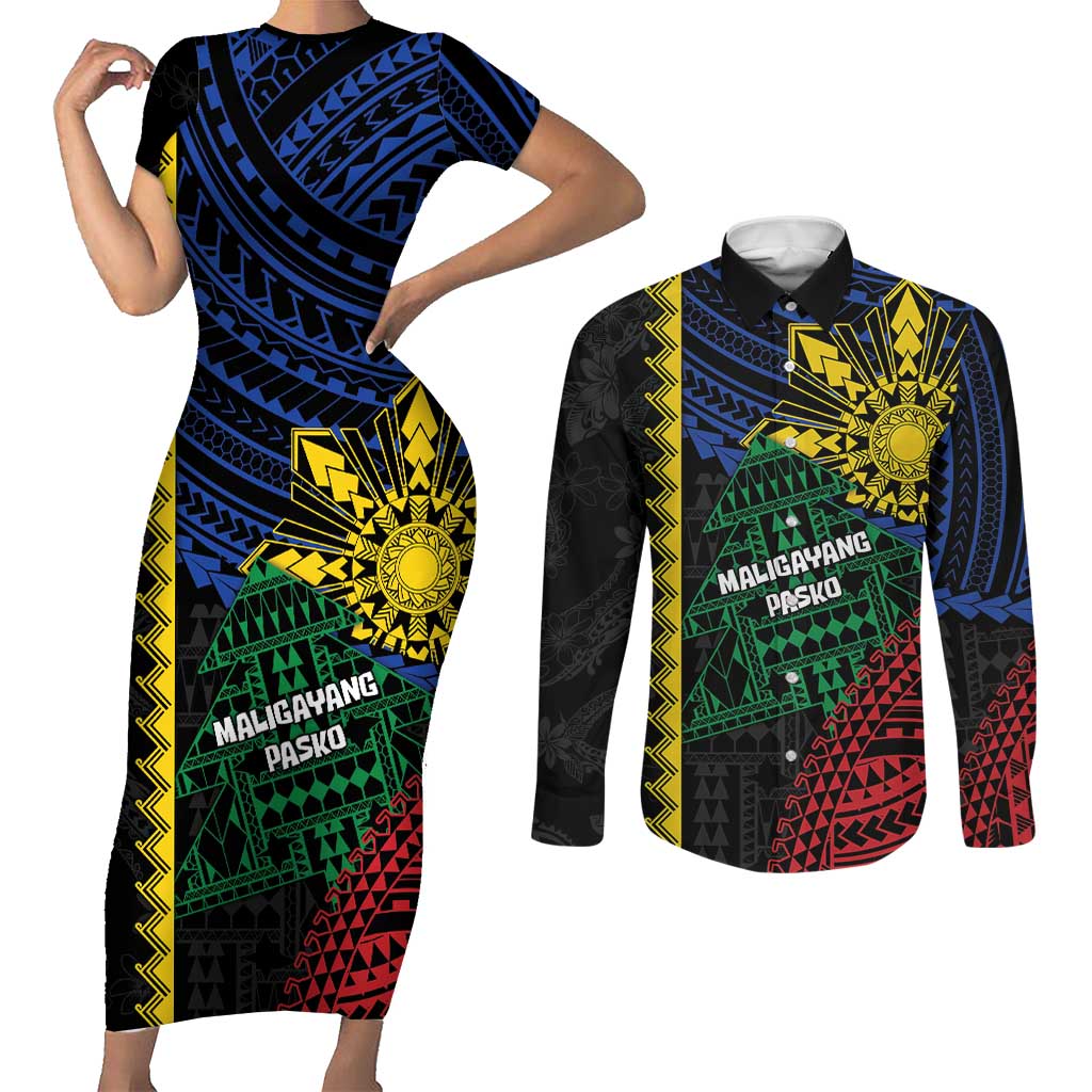 Personalised Philippines Christmas Couples Matching Short Sleeve Bodycon Dress and Long Sleeve Button Shirt Xmas Tree Filipino Tribal Patterns DT05 Black - Polynesian Pride
