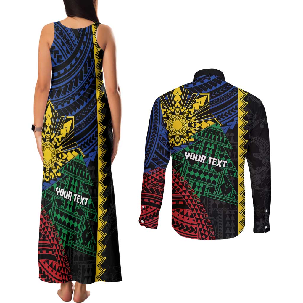 Personalised Philippines Christmas Couples Matching Tank Maxi Dress and Long Sleeve Button Shirt Xmas Tree Filipino Tribal Patterns DT05 - Polynesian Pride