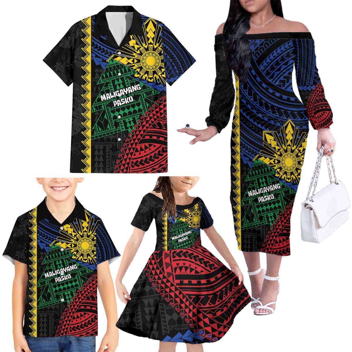 Personalised Philippines Christmas Family Matching Off The Shoulder Long Sleeve Dress and Hawaiian Shirt Xmas Tree Filipino Tribal Patterns - Polynesian Pride