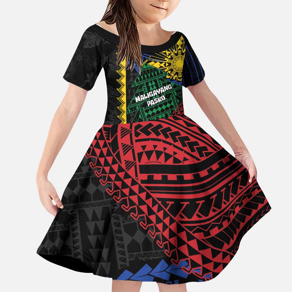 Personalised Philippines Christmas Family Matching Puletasi and Hawaiian Shirt Xmas Tree Filipino Tribal Patterns DT05 Daughter's Dress Black - Polynesian Pride