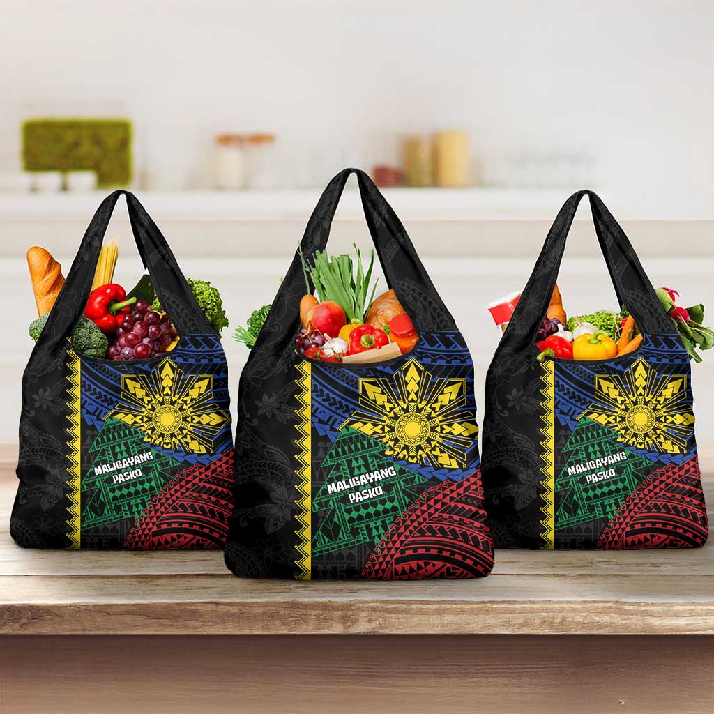 Philippines Christmas Grocery Bag Xmas Tree Filipino Tribal Patterns DT05 3-pack One Size Black - Polynesian Pride