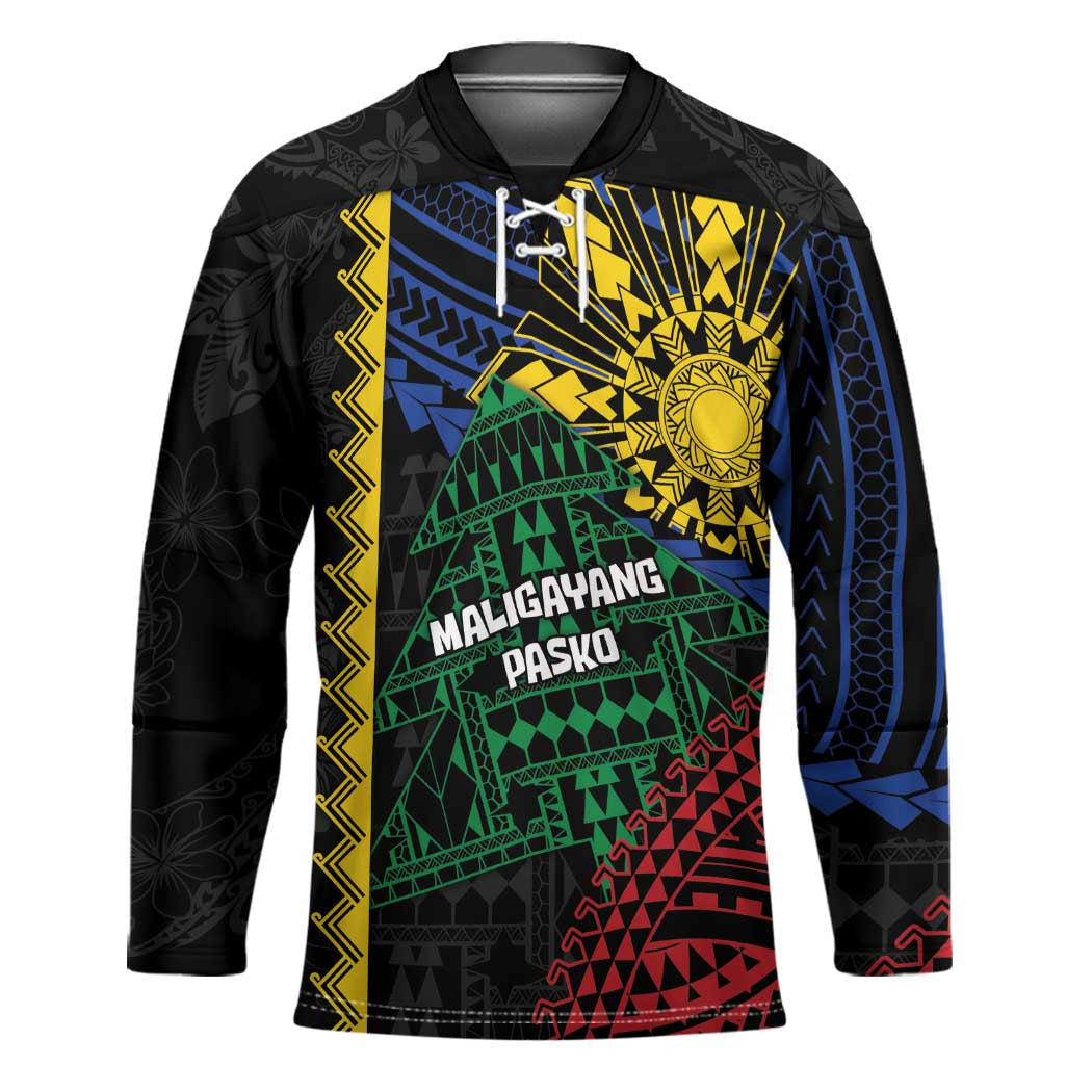 Personalised Philippines Christmas Hockey Jersey Xmas Tree Filipino Tribal Patterns DT05 Unisex Black - Polynesian Pride