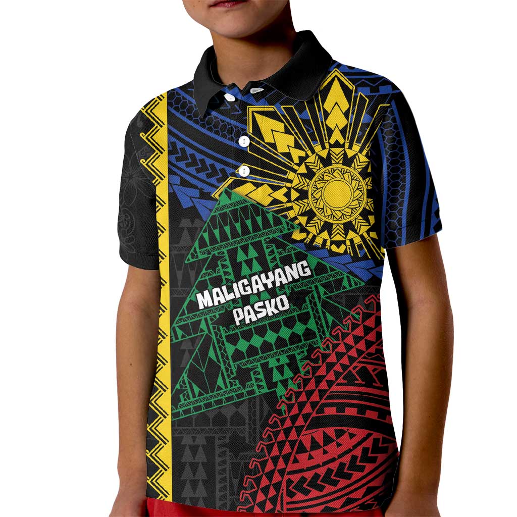Personalised Philippines Christmas Kid Polo Shirt Xmas Tree Filipino Tribal Patterns DT05 Kid Black - Polynesian Pride