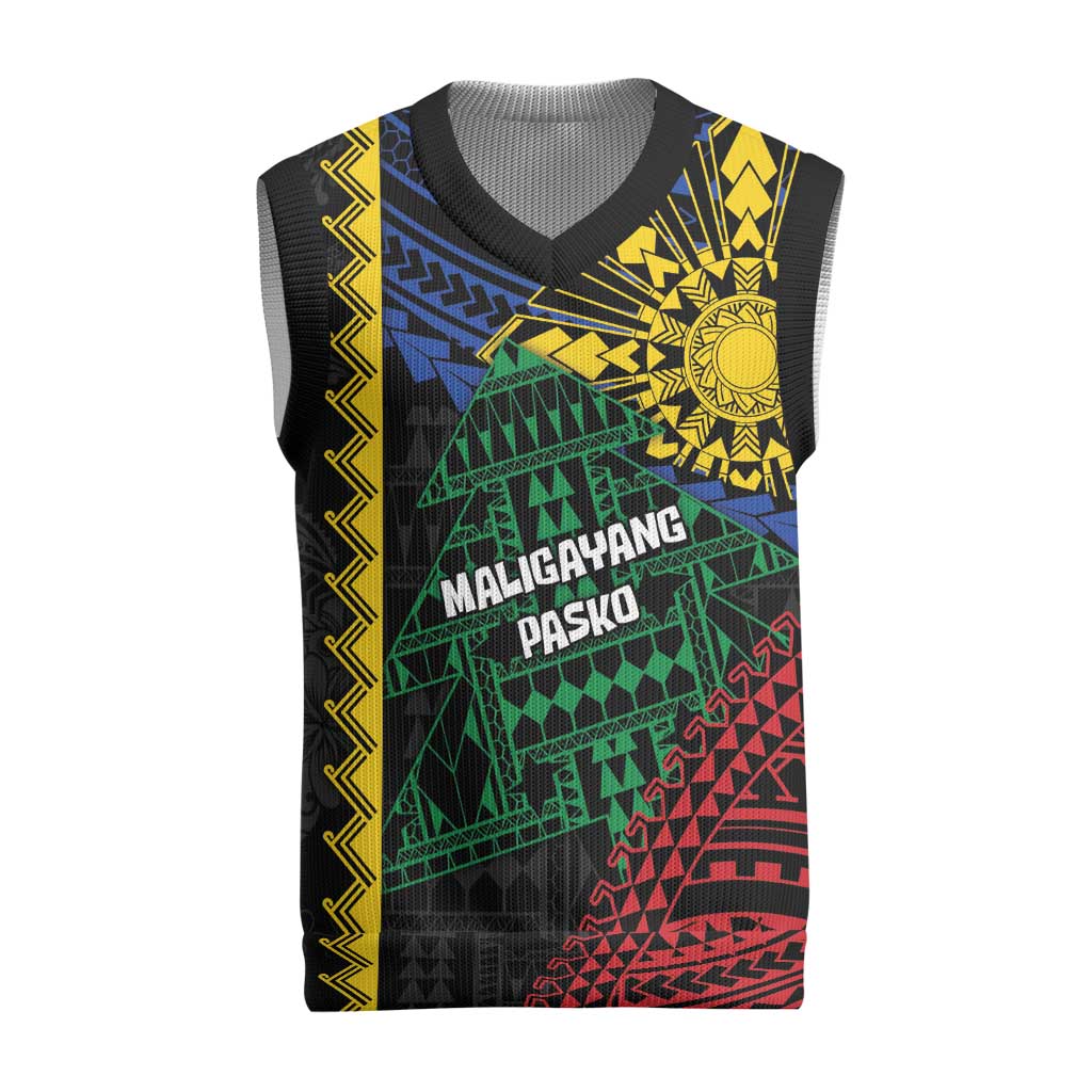 Personalised Philippines Christmas Knitted V-Neck Vest Xmas Tree Filipino Tribal Patterns DT05 Black - Polynesian Pride
