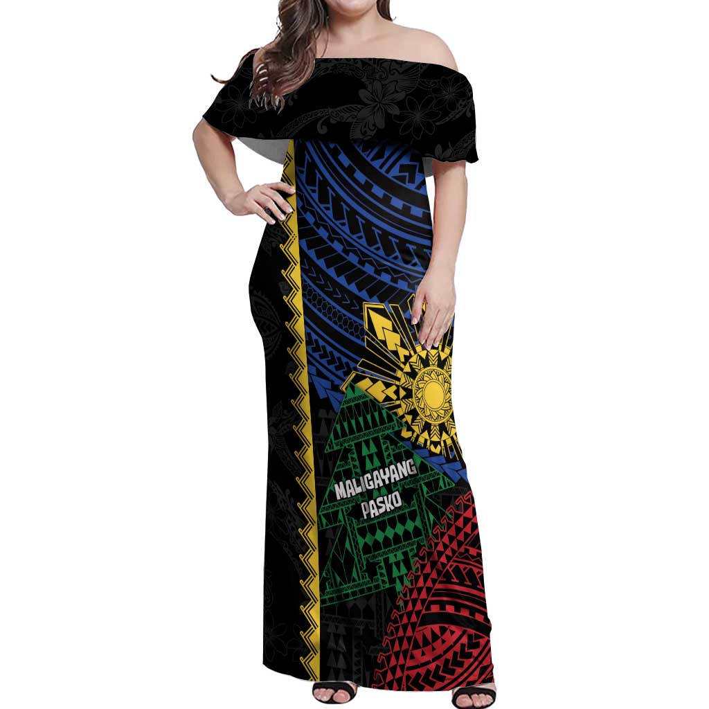 Personalised Philippines Christmas Off Shoulder Maxi Dress Xmas Tree Filipino Tribal Patterns - Polynesian Pride