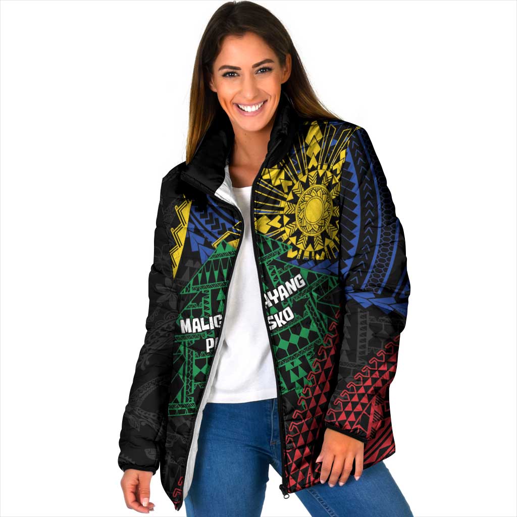 Personalised Philippines Christmas Padded Jacket Xmas Tree Filipino Tribal Patterns DT05 Women Black - Polynesian Pride
