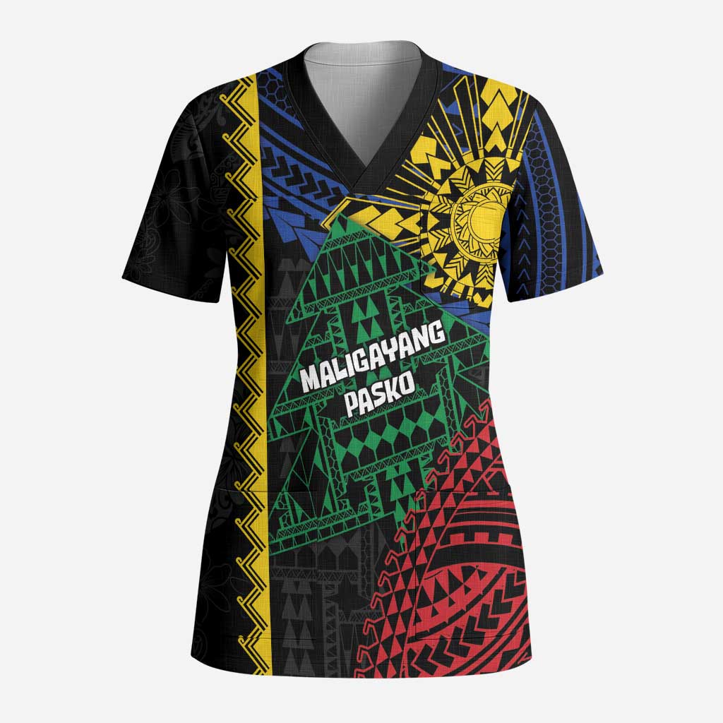 Personalised Philippines Christmas Scrub Top Xmas Tree Filipino Tribal Patterns DT05 Adult Black - Polynesian Pride