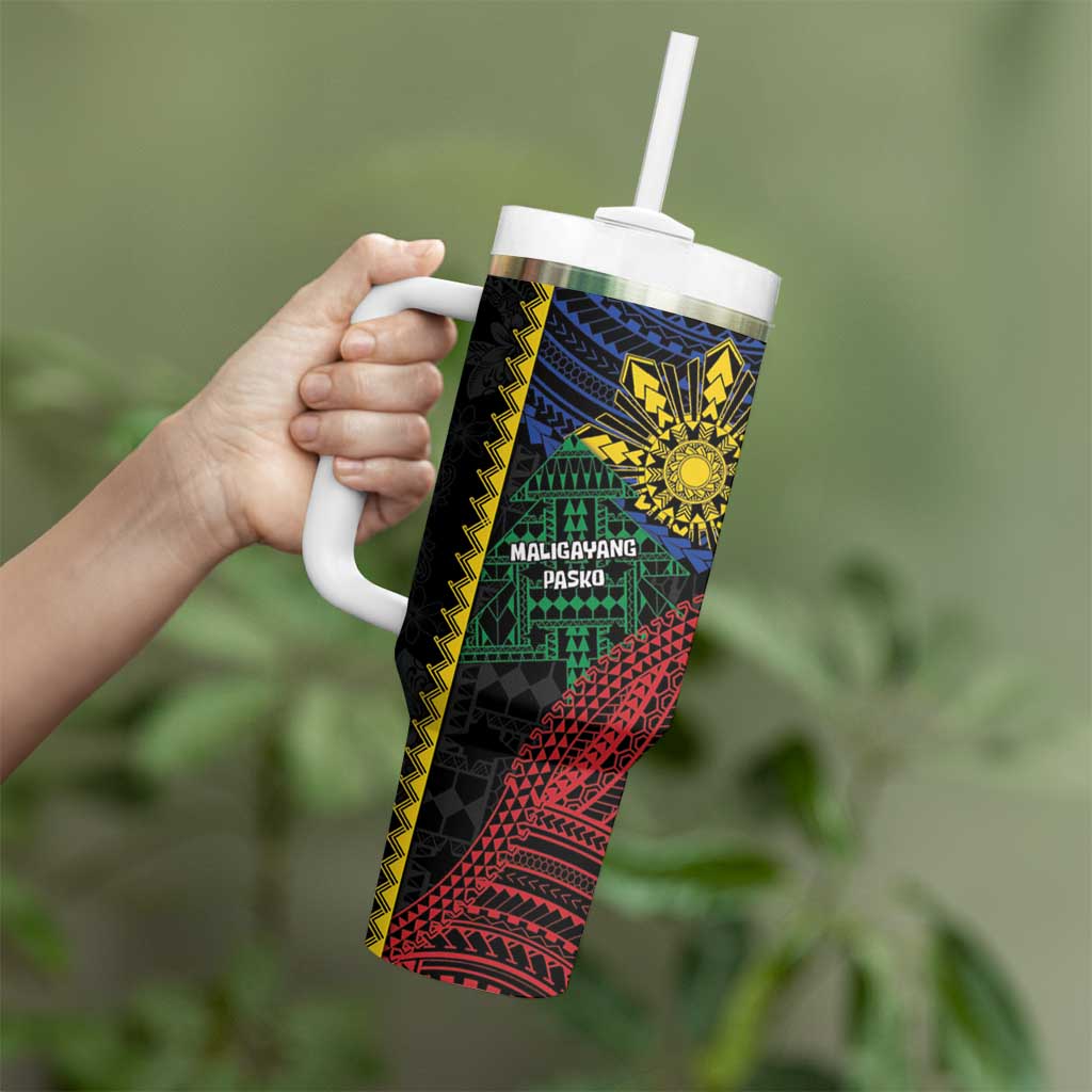 Personalised Philippines Christmas Tumbler With Handle Xmas Tree Filipino Tribal Patterns - Polynesian Pride