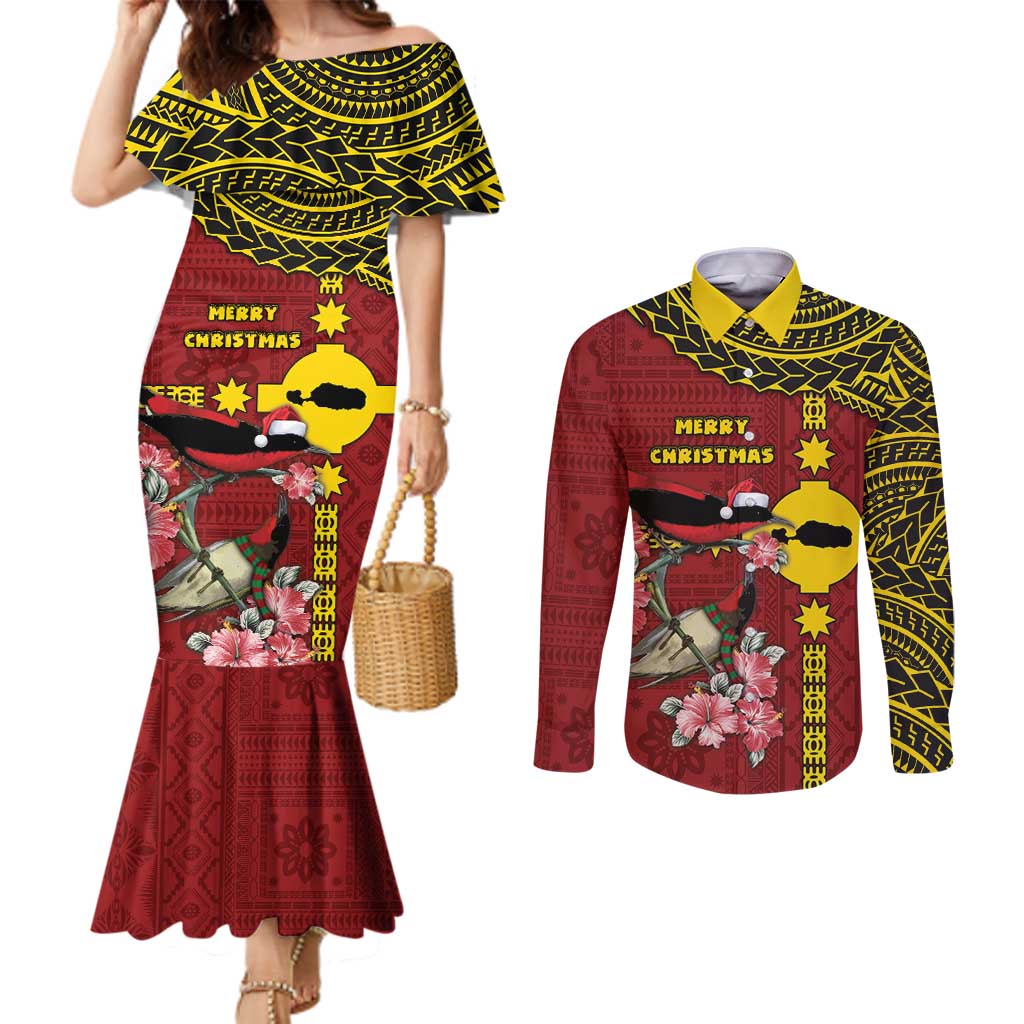 Rotuma Christmas Couples Matching Mermaid Dress and Long Sleeve Button Shirt Rotuma Myzomela Birds With Hibiscus Flowers - Polynesian Pride