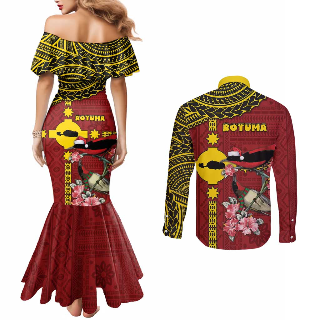 Rotuma Christmas Couples Matching Mermaid Dress and Long Sleeve Button Shirt Rotuma Myzomela Birds With Hibiscus Flowers - Polynesian Pride