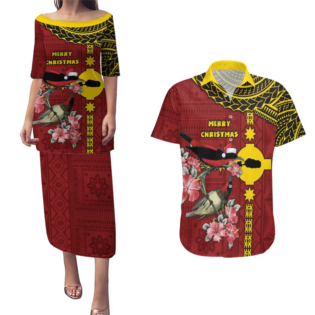 Rotuma Christmas Couples Matching Puletasi and Hawaiian Shirt Rotuma Myzomela Birds With Hibiscus Flowers - Polynesian Pride
