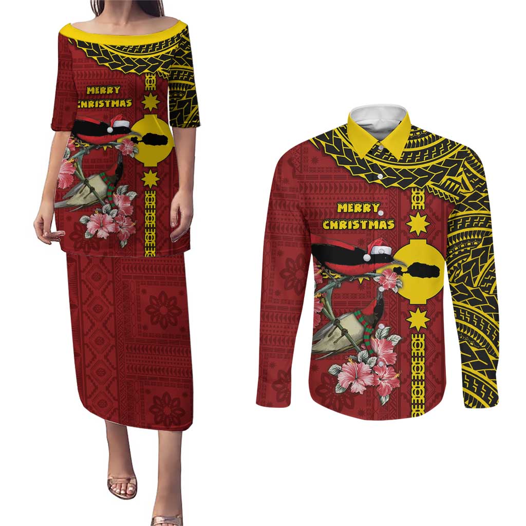 Rotuma Christmas Couples Matching Puletasi and Long Sleeve Button Shirt Rotuma Myzomela Birds With Hibiscus Flowers - Polynesian Pride