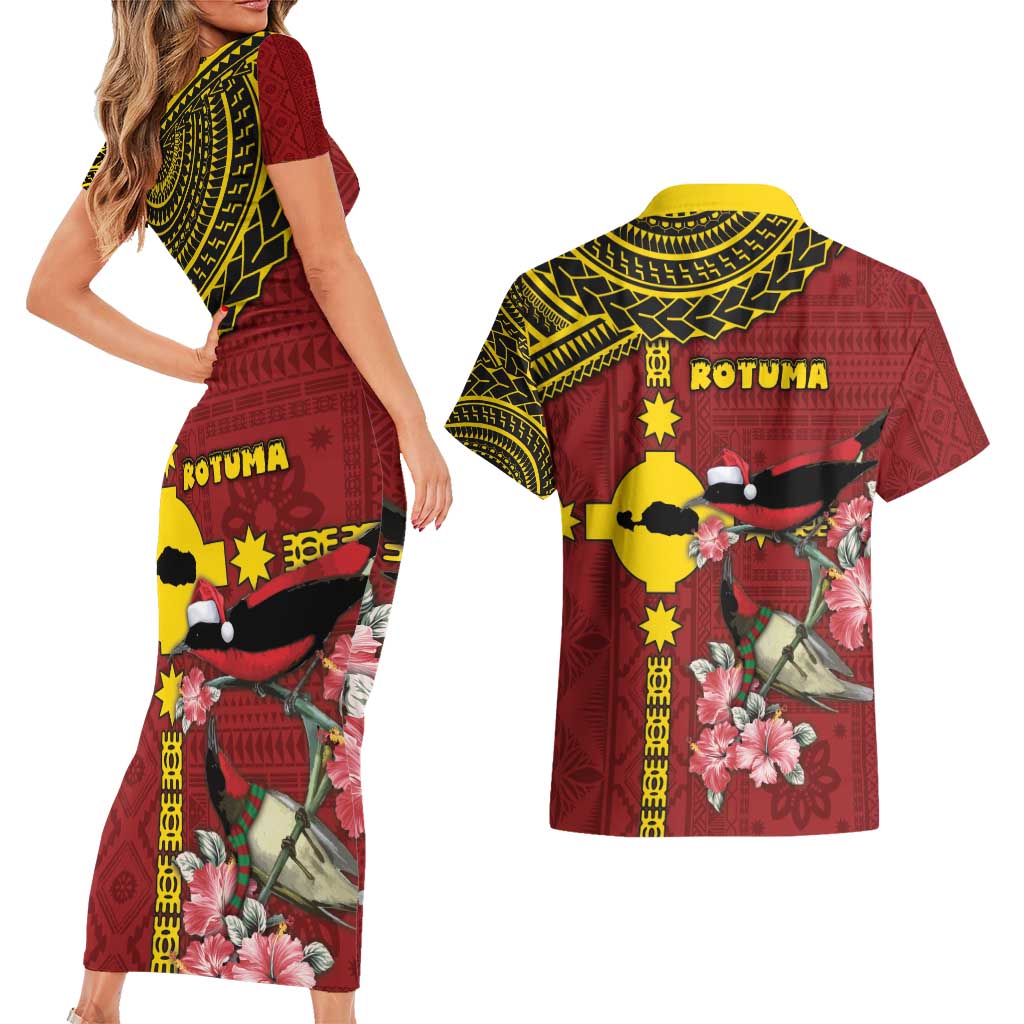 Rotuma Christmas Couples Matching Short Sleeve Bodycon Dress and Hawaiian Shirt Rotuma Myzomela Birds With Hibiscus Flowers - Polynesian Pride