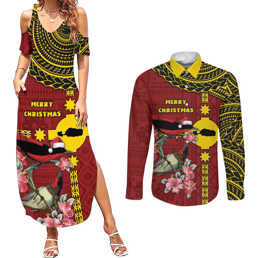 Rotuma Christmas Couples Matching Summer Maxi Dress and Long Sleeve Button Shirt Rotuma Myzomela Birds With Hibiscus Flowers - Polynesian Pride