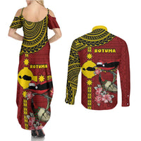 Rotuma Christmas Couples Matching Summer Maxi Dress and Long Sleeve Button Shirt Rotuma Myzomela Birds With Hibiscus Flowers - Polynesian Pride