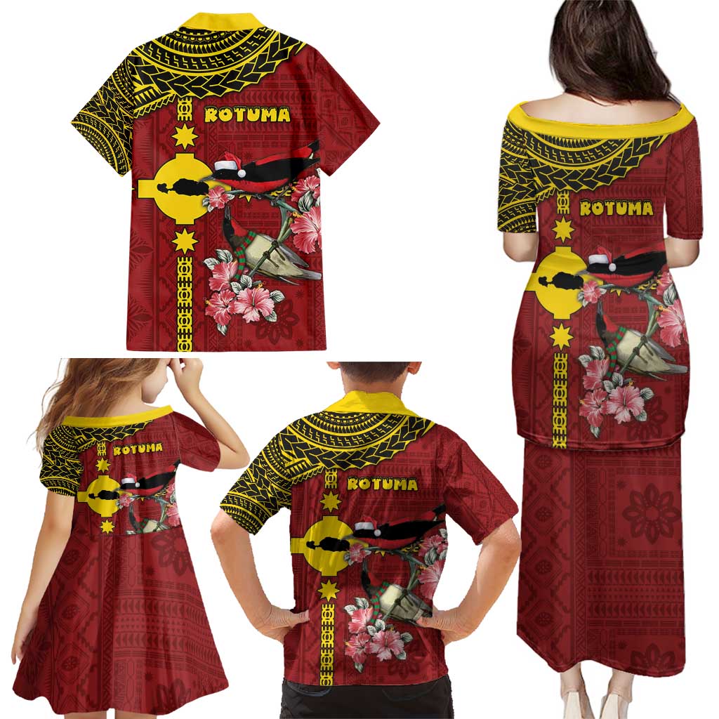 Rotuma Christmas Family Matching Puletasi and Hawaiian Shirt Rotuma Myzomela Birds With Hibiscus Flowers - Polynesian Pride