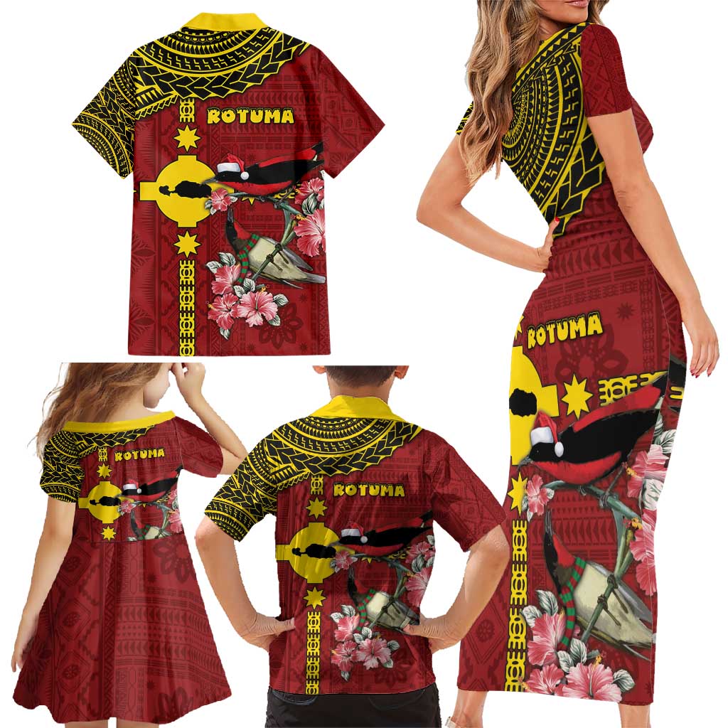 Rotuma Christmas Family Matching Short Sleeve Bodycon Dress and Hawaiian Shirt Rotuma Myzomela Birds With Hibiscus Flowers - Polynesian Pride
