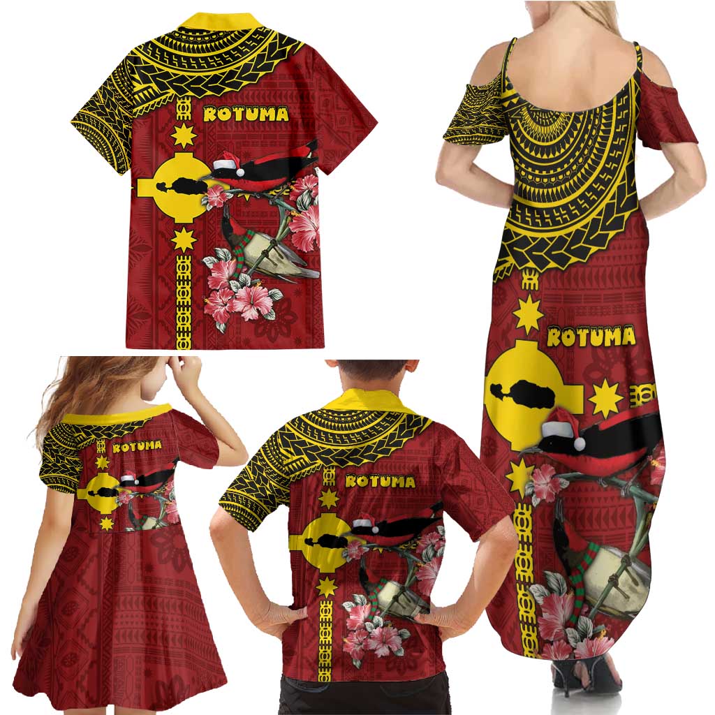 Rotuma Christmas Family Matching Summer Maxi Dress and Hawaiian Shirt Rotuma Myzomela Birds With Hibiscus Flowers - Polynesian Pride