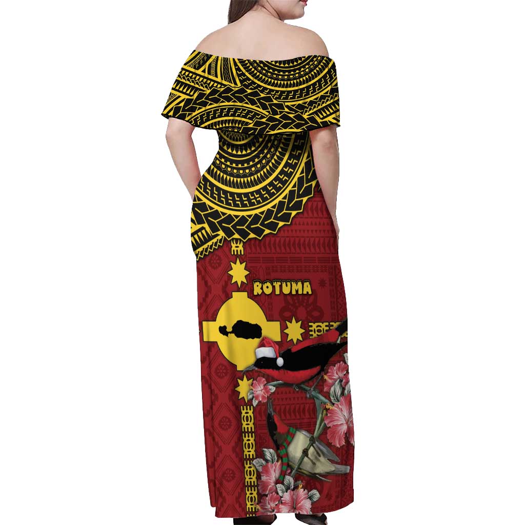 Rotuma Christmas Off Shoulder Maxi Dress Rotuma Myzomela Birds With Hibiscus Flowers - Polynesian Pride