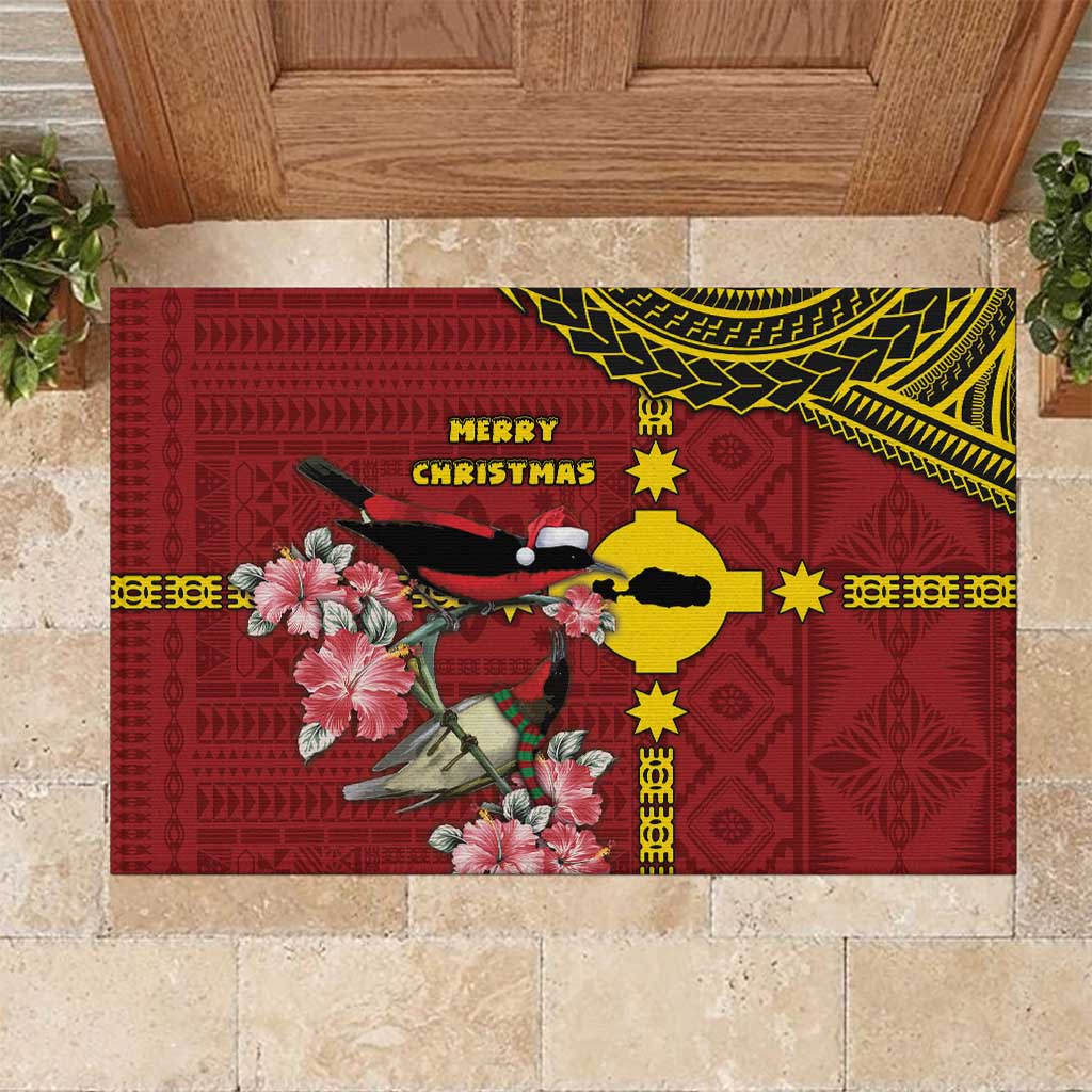 Rotuma Christmas Rubber Doormat Rotuma Myzomela Birds With Hibiscus Flowers DT05 Red - Polynesian Pride