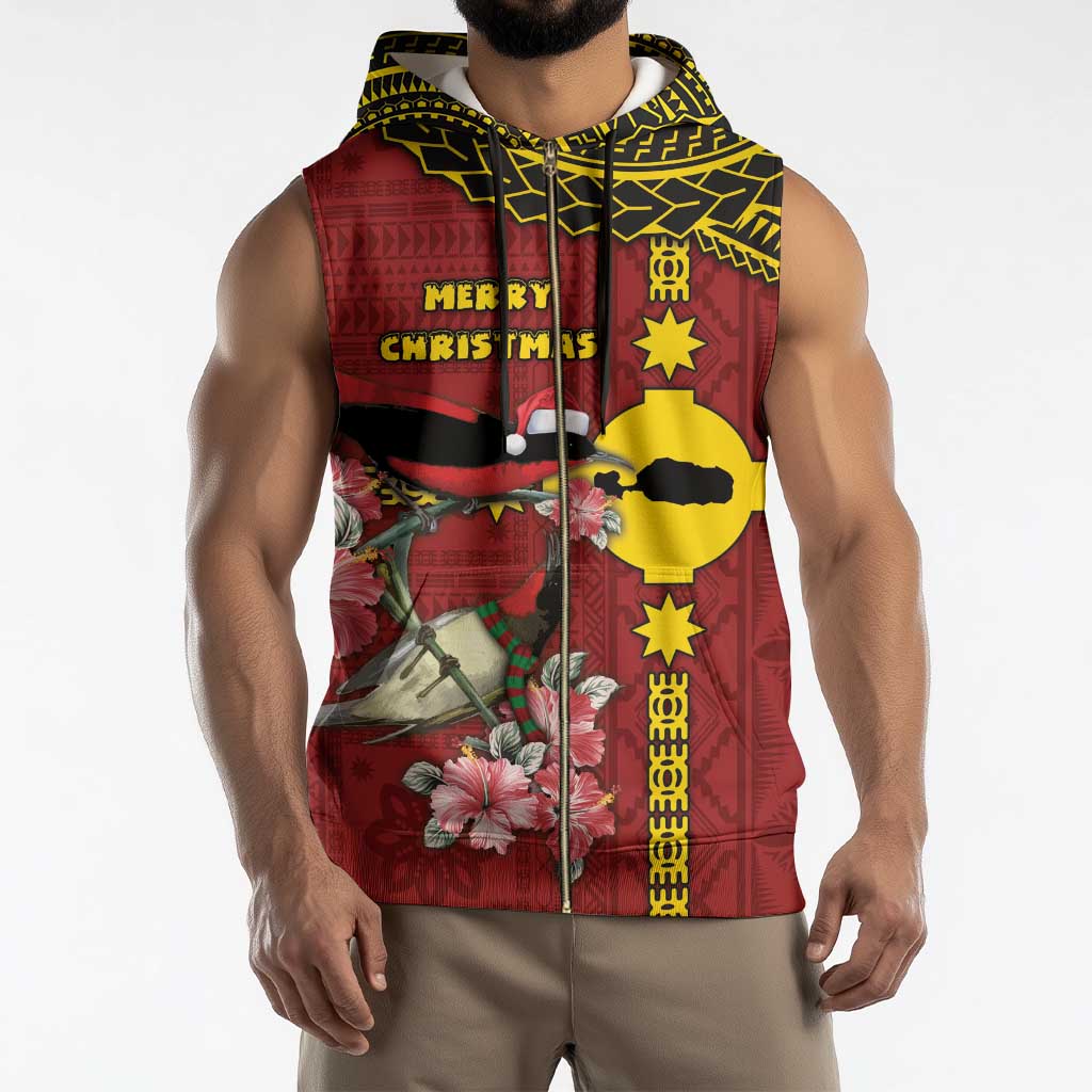 Rotuma Christmas Sleeveless Zip Hoodie Rotuma Myzomela Birds With Hibiscus Flowers - Polynesian Pride