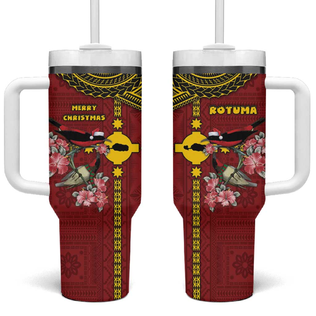Rotuma Christmas Tumbler With Handle Rotuma Myzomela Birds With Hibiscus Flowers DT05 One Size: 40 oz Red - Polynesian Pride