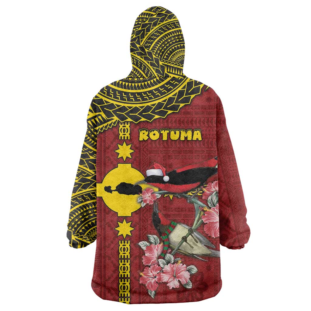 Rotuma Christmas Wearable Blanket Hoodie Rotuma Myzomela Birds With Hibiscus Flowers - Polynesian Pride