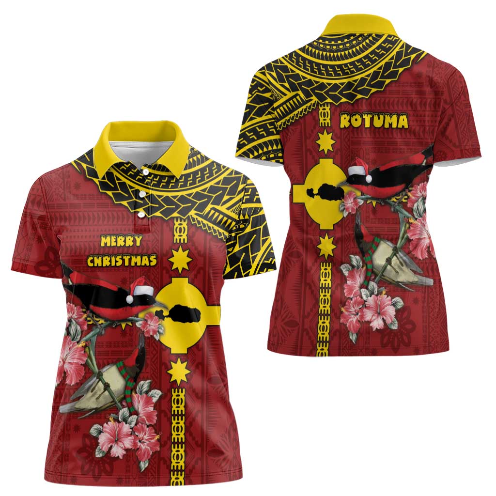 Rotuma Christmas Women Polo Shirt Rotuma Myzomela Birds With Hibiscus Flowers - Polynesian Pride