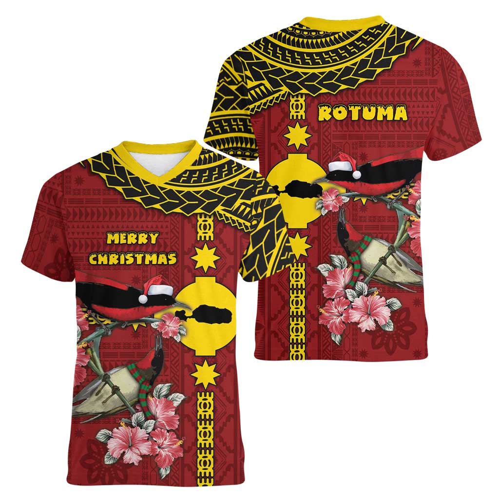 Rotuma Christmas Women V-Neck T-Shirt Rotuma Myzomela Birds With Hibiscus Flowers - Polynesian Pride