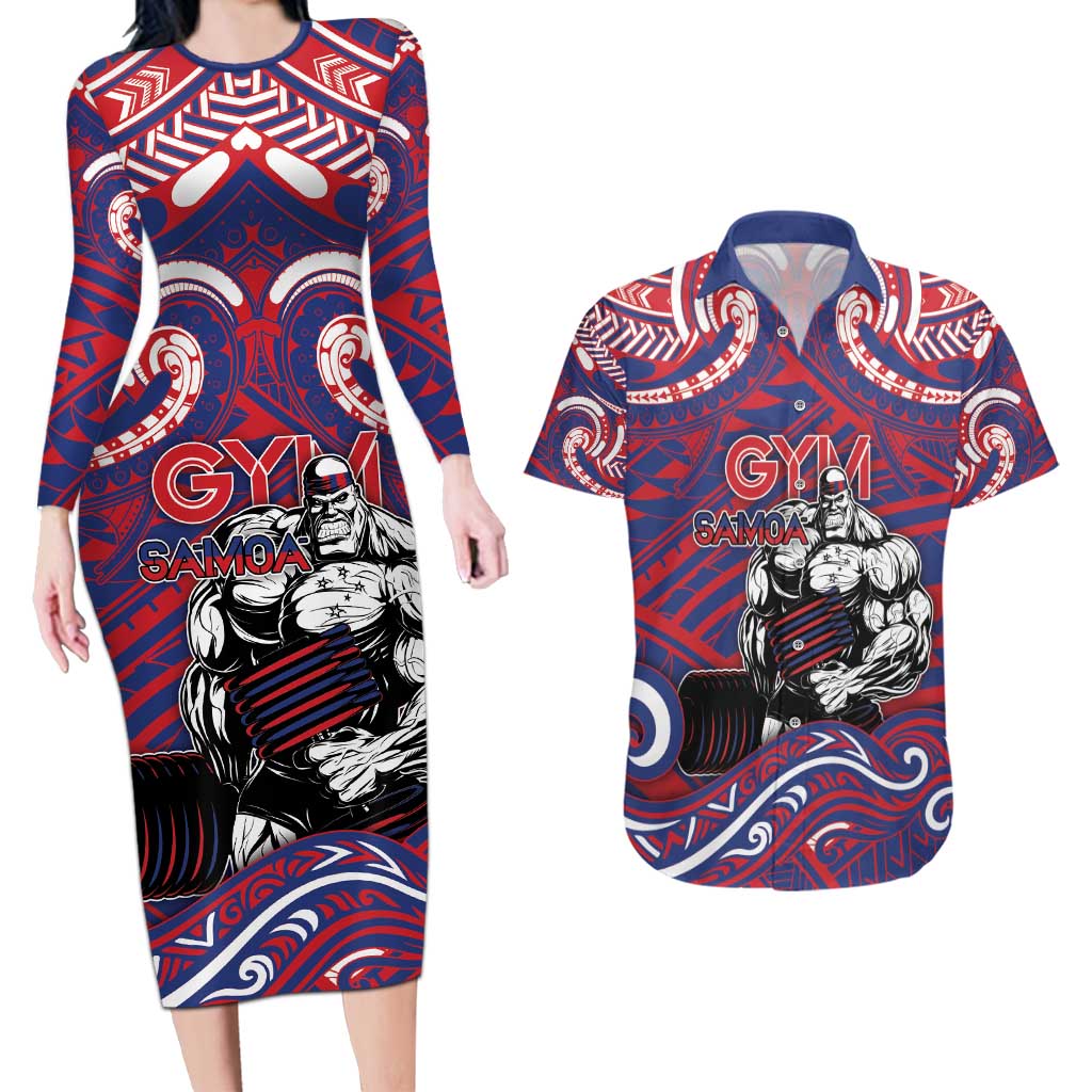Personalised Samoa Gym Couples Matching Long Sleeve Bodycon Dress and Hawaiian Shirt Muscle Samoan Tribal Waves - Polynesian Pride