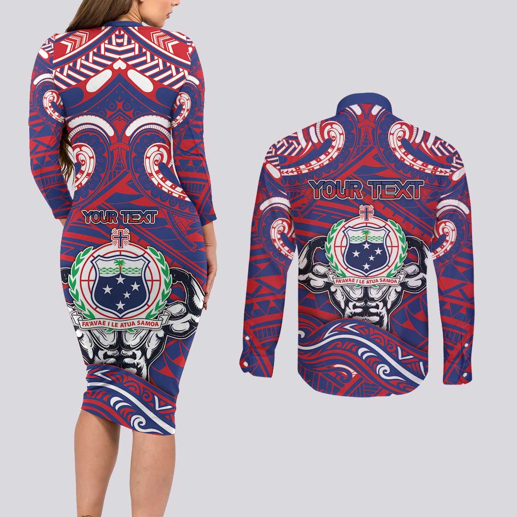 Personalised Samoa Gym Couples Matching Long Sleeve Bodycon Dress and Long Sleeve Button Shirt Muscle Samoan Tribal Waves - Polynesian Pride