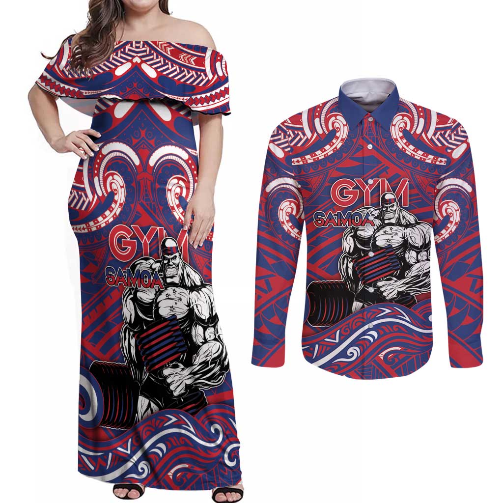 Personalised Samoa Gym Couples Matching Off Shoulder Maxi Dress and Long Sleeve Button Shirt Muscle Samoan Tribal Waves DT05 Navy - Polynesian Pride
