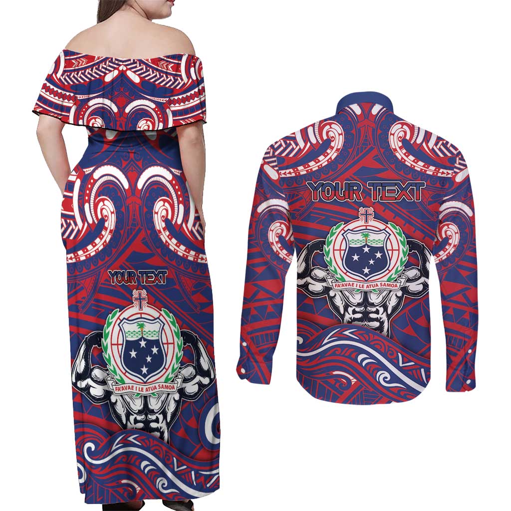 Personalised Samoa Gym Couples Matching Off Shoulder Maxi Dress and Long Sleeve Button Shirt Muscle Samoan Tribal Waves DT05 - Polynesian Pride