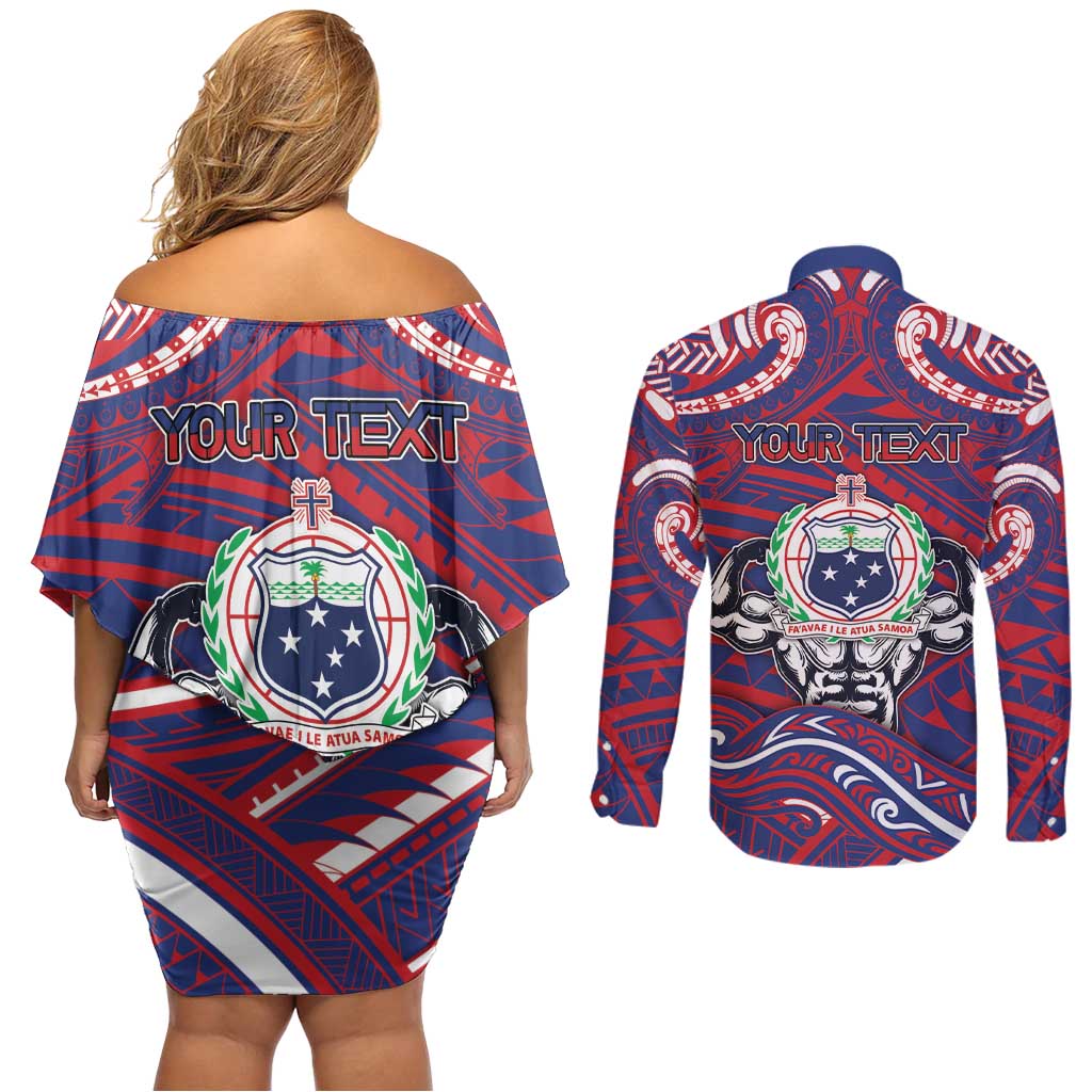 Personalised Samoa Gym Couples Matching Off Shoulder Short Dress and Long Sleeve Button Shirt Muscle Samoan Tribal Waves DT05 - Polynesian Pride