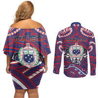 Personalised Samoa Gym Couples Matching Off Shoulder Short Dress and Long Sleeve Button Shirt Muscle Samoan Tribal Waves DT05 - Polynesian Pride