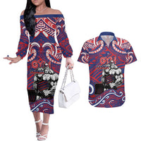 Personalised Samoa Gym Couples Matching Off The Shoulder Long Sleeve Dress and Hawaiian Shirt Muscle Samoan Tribal Waves DT05 Navy - Polynesian Pride