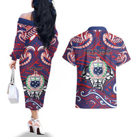 Personalised Samoa Gym Couples Matching Off The Shoulder Long Sleeve Dress and Hawaiian Shirt Muscle Samoan Tribal Waves DT05 - Polynesian Pride