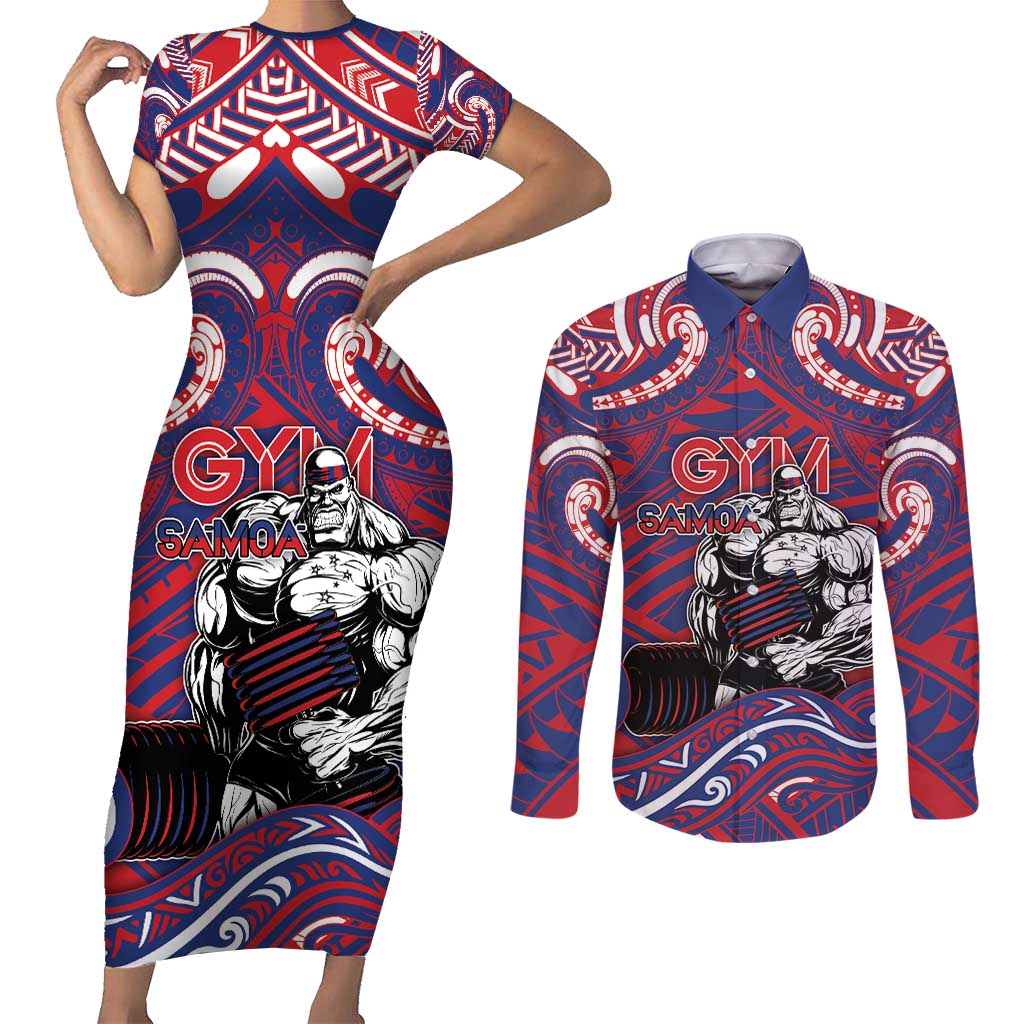 Personalised Samoa Gym Couples Matching Short Sleeve Bodycon Dress and Long Sleeve Button Shirt Muscle Samoan Tribal Waves DT05 Navy - Polynesian Pride