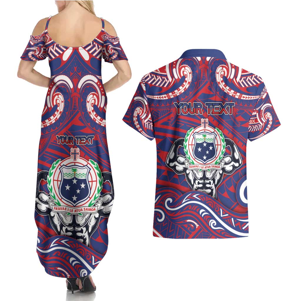 Personalised Samoa Gym Couples Matching Summer Maxi Dress and Hawaiian Shirt Muscle Samoan Tribal Waves DT05 - Polynesian Pride