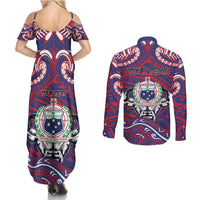 Personalised Samoa Gym Couples Matching Summer Maxi Dress and Long Sleeve Button Shirt Muscle Samoan Tribal Waves DT05 - Polynesian Pride