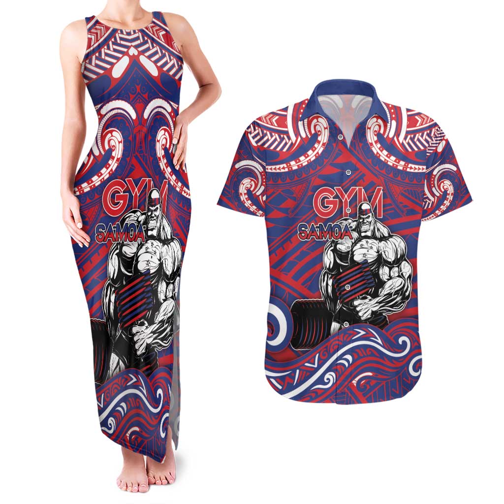 Personalised Samoa Gym Couples Matching Tank Maxi Dress and Hawaiian Shirt Muscle Samoan Tribal Waves - Polynesian Pride
