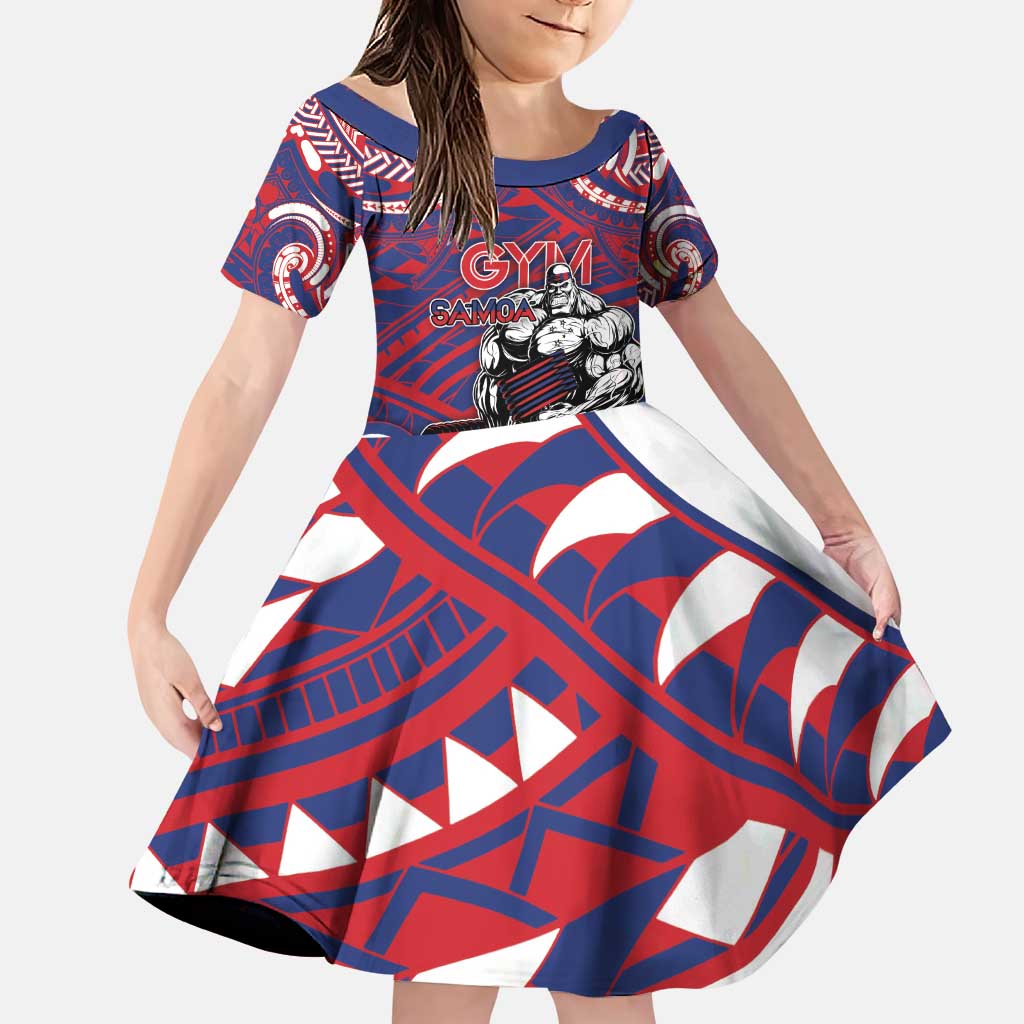 Personalised Samoa Gym Family Matching Puletasi and Hawaiian Shirt Muscle Samoan Tribal Waves DT05 Daughter's Dress Navy - Polynesian Pride