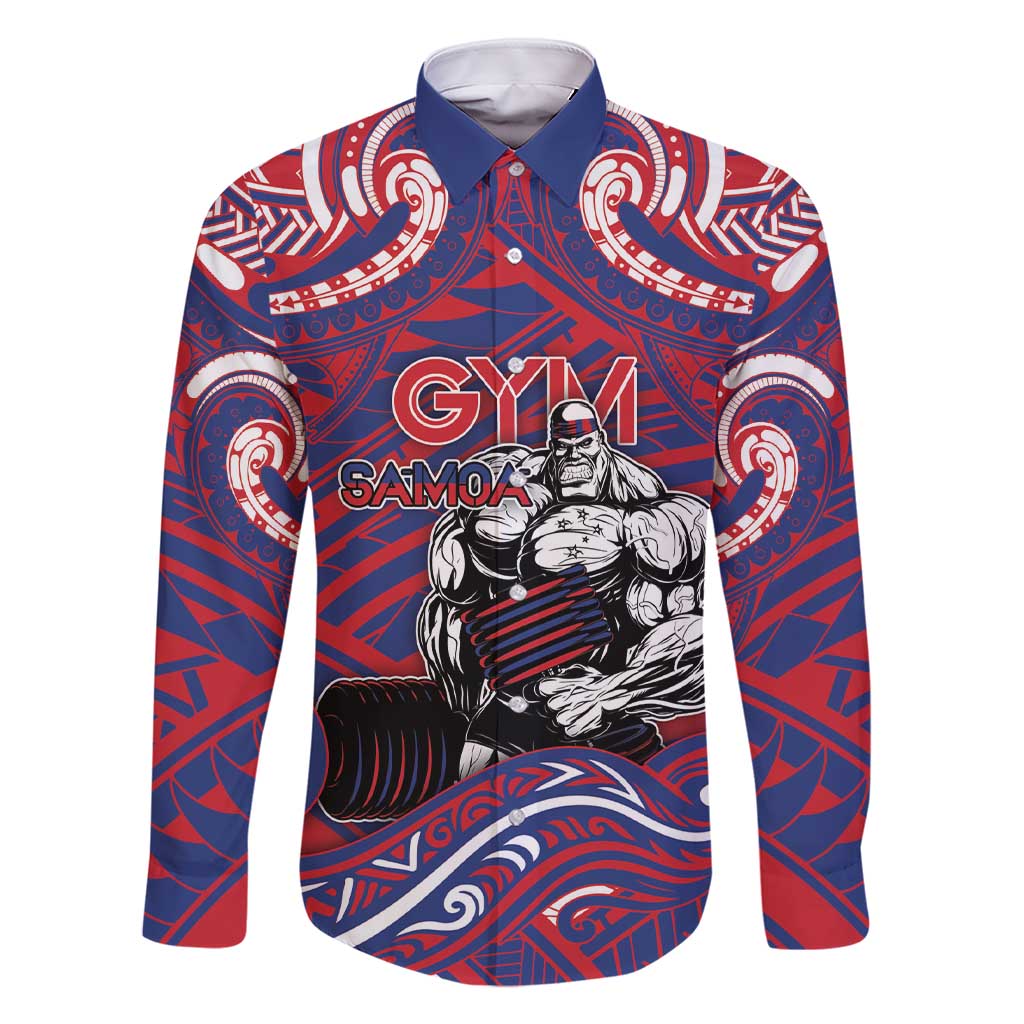 Personalised Samoa Gym Family Matching Short Sleeve Bodycon Dress and Hawaiian Shirt Muscle Samoan Tribal Waves DT05 Dad's Shirt - Long Sleeve Navy - Polynesian Pride