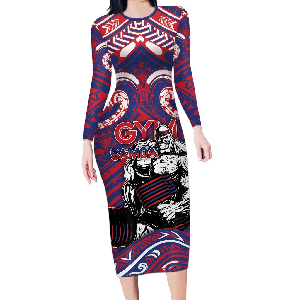Personalised Samoa Gym Long Sleeve Bodycon Dress Muscle Samoan Tribal Waves DT05 Long Dress Navy - Polynesian Pride