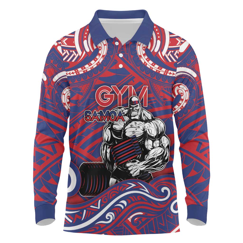 Personalised Samoa Gym Long Sleeve Polo Shirt Muscle Samoan Tribal Waves DT05 Navy - Polynesian Pride