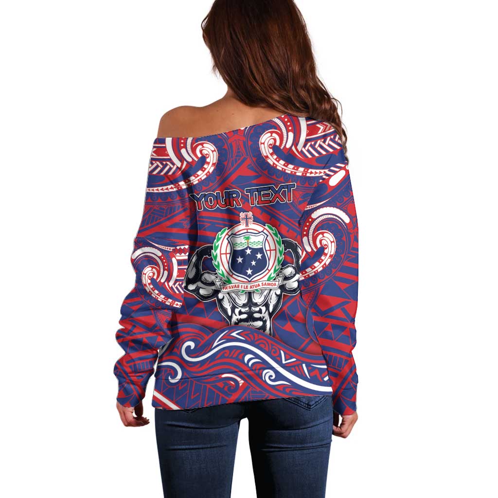 Personalised Samoa Gym Off Shoulder Sweater Muscle Samoan Tribal Waves DT05 - Polynesian Pride